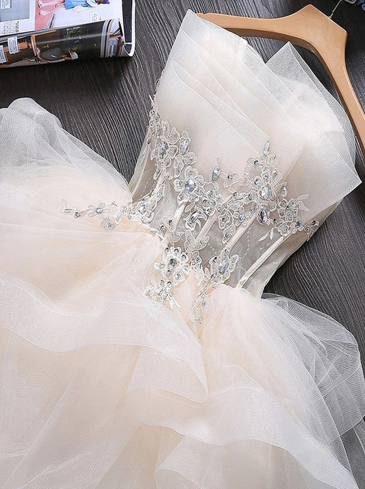 Cute A-line Strapless  Applique Crystal Lace up Ruffles Short  Ball Gown Homecoming Dresses Gala Gowns Graduation Formal Party Gowns Custom