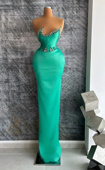 RP1351-Charming Green Mermaid Strapless Beaded Sleeveless Satin Prom Evening Dresses Formal Party Gowns