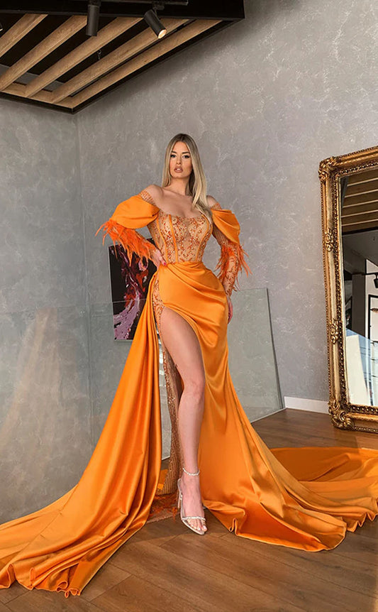 RP2110-Gorgeous Orange Mermaid Off-the-Shoulder Beaded Feather Long Sleeves Satin Prom Evening Dresses Formal Party Gowns With Slit