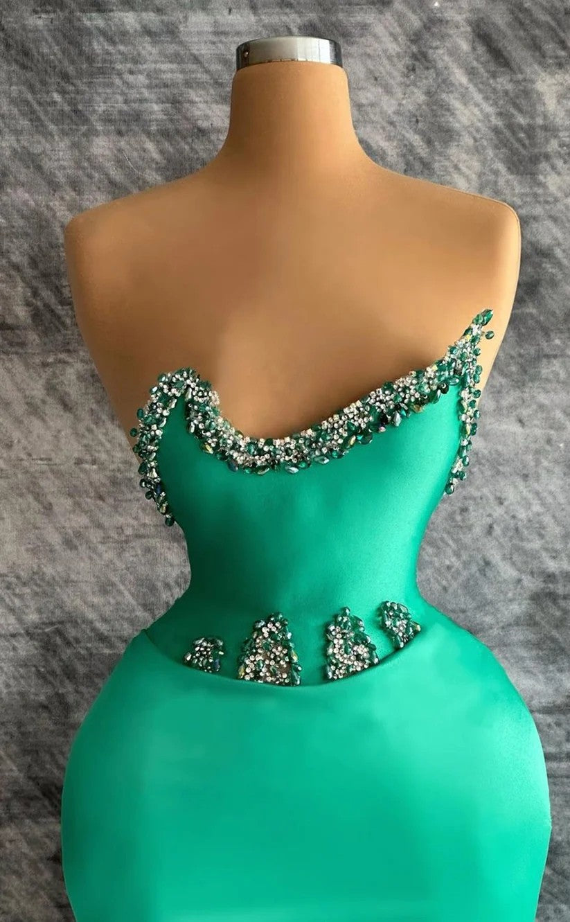 RP1351-Charming Green Mermaid Strapless Beaded Sleeveless Satin Prom Evening Dresses Formal Party Gowns