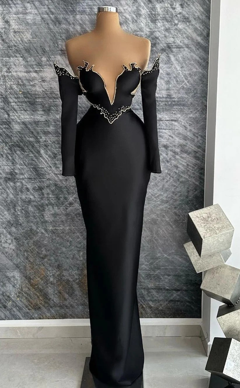 RP1349-Elegant Black Mermaid Off-the-Shoulder Beaded Long Sleeves Prom Evening Dresses Formal Party Gowns