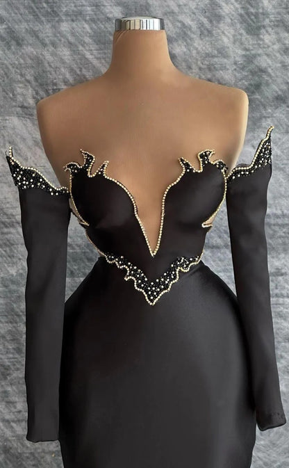 RP1349-Elegant Black Mermaid Off-the-Shoulder Beaded Long Sleeves Prom Evening Dresses Formal Party Gowns