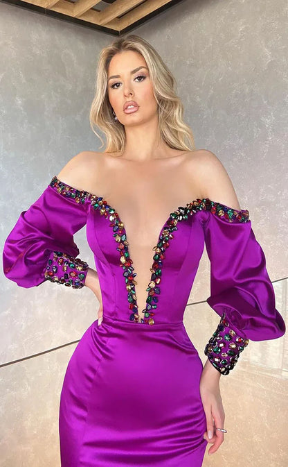 RP2113-Gorgeous Purple Mermaid Off-the-Shoulder Crystals Long Sleeves Satin Prom Evening Dresses Formal Party Gowns With Slit