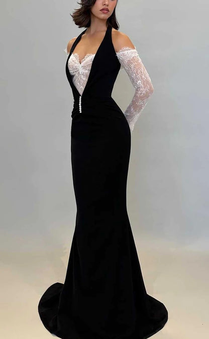 RP1350-Unique Black Mermaid Halter Lace Long Sleeves Prom Evening Dresses Formal Party Gowns With Train