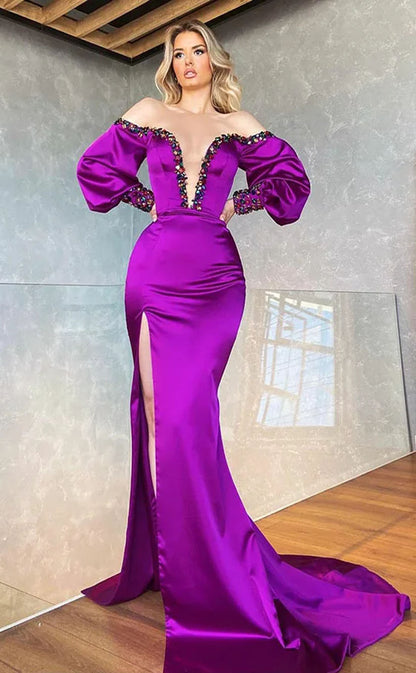 RP2113-Gorgeous Purple Mermaid Off-the-Shoulder Crystals Long Sleeves Satin Prom Evening Dresses Formal Party Gowns With Slit