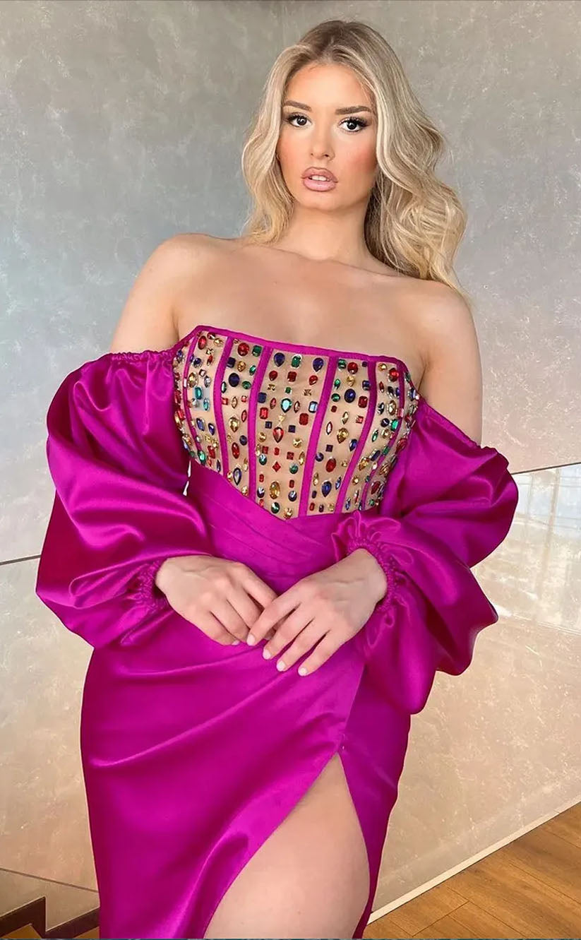 RP2115-Modern Fuchsia Mermaid Off-the-Shoulder Pleated Crystals Puffy Sleeves Satin Prom Evening Dresses Formal Party Gowns With Slit