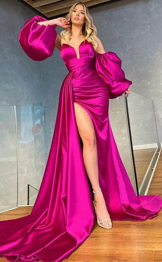 RP2114-Modern Fuchsia Mermaid Sweetheart Pleated Puffy Sleeves Satin Prom Evening Dresses Formal Party Gowns With Slit