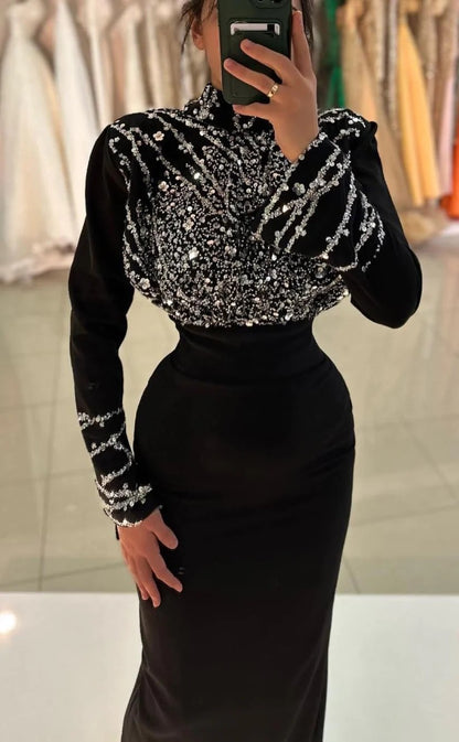 RP1353-Gorgeous Black Mermaid High Neck Sequins Beaded Long Sleeves Prom Evening Dresses Formal Party Gowns