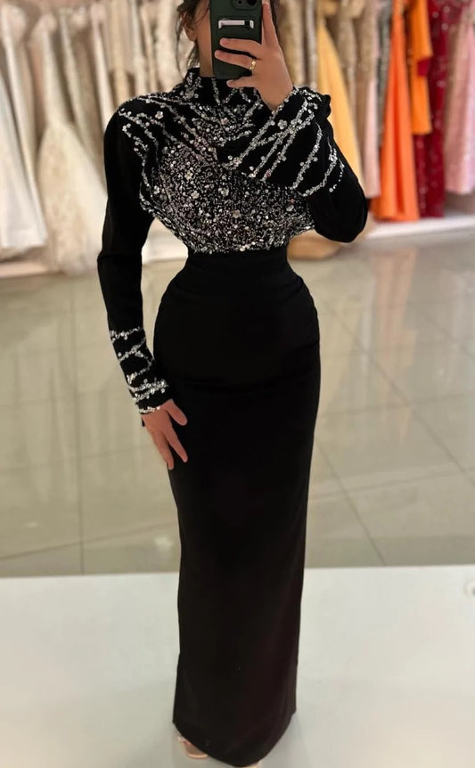 RP1353-Gorgeous Black Mermaid High Neck Sequins Beaded Long Sleeves Prom Evening Dresses Formal Party Gowns