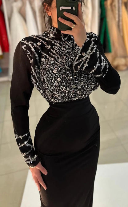 RP1353-Gorgeous Black Mermaid High Neck Sequins Beaded Long Sleeves Prom Evening Dresses Formal Party Gowns