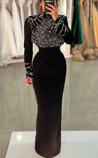 RP1353-Gorgeous Black Mermaid High Neck Sequins Beaded Long Sleeves Prom Evening Dresses Formal Party Gowns