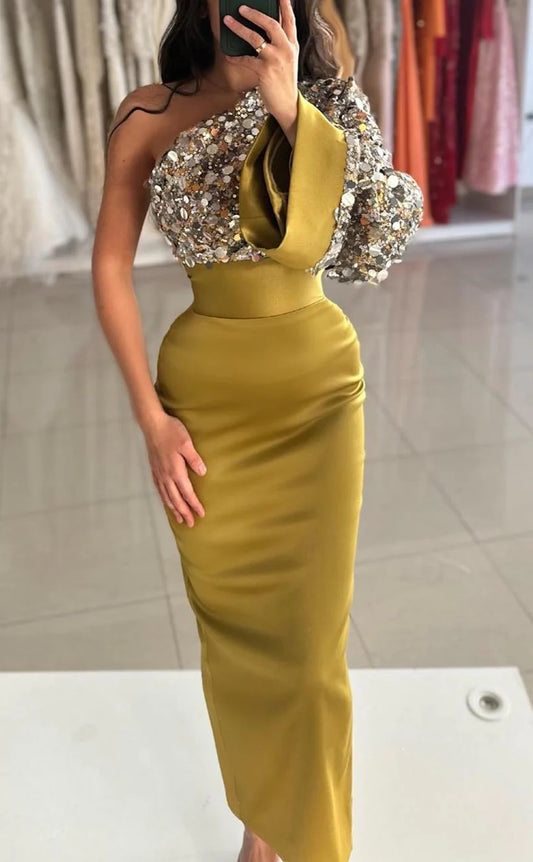 RP1352-Charming Olive Mermaid One Shoulder Sequined One Long Sleeve Prom Evening Dresses Formal Party Gowns