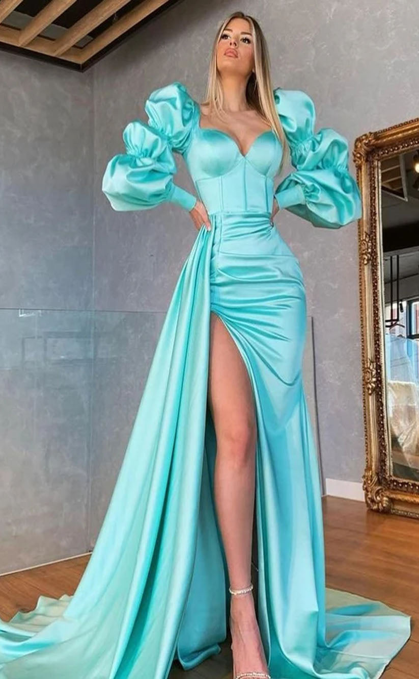 RP2116-Elegant Mint Mermaid Sweetheart Pleated Puffy Sleeves Satin Prom Evening Dresses Formal Party Gowns With Slit