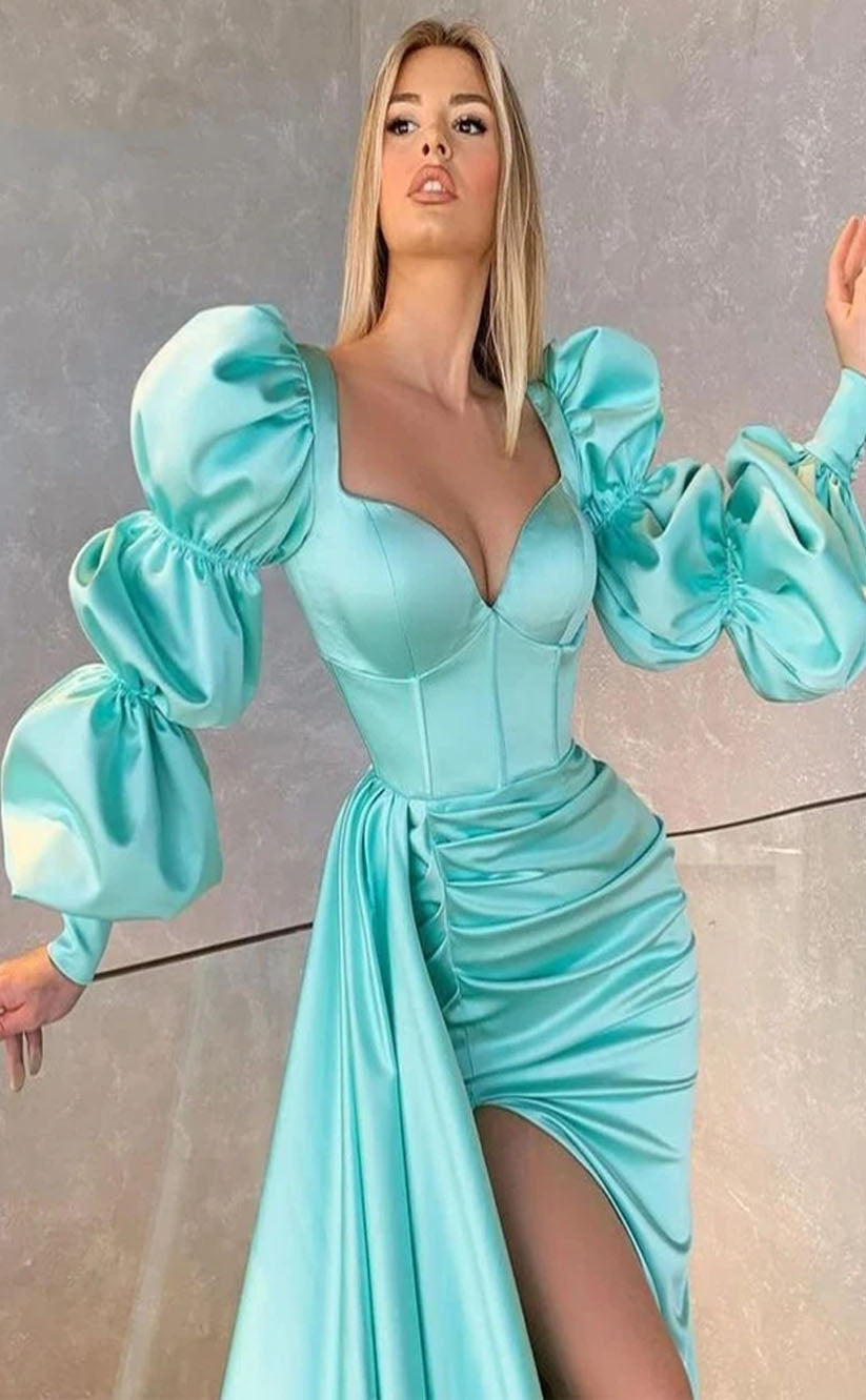 RP2116-Elegant Mint Mermaid Sweetheart Pleated Puffy Sleeves Satin Prom Evening Dresses Formal Party Gowns With Slit