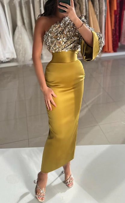 RP1352-Charming Olive Mermaid One Shoulder Sequined One Long Sleeve Prom Evening Dresses Formal Party Gowns