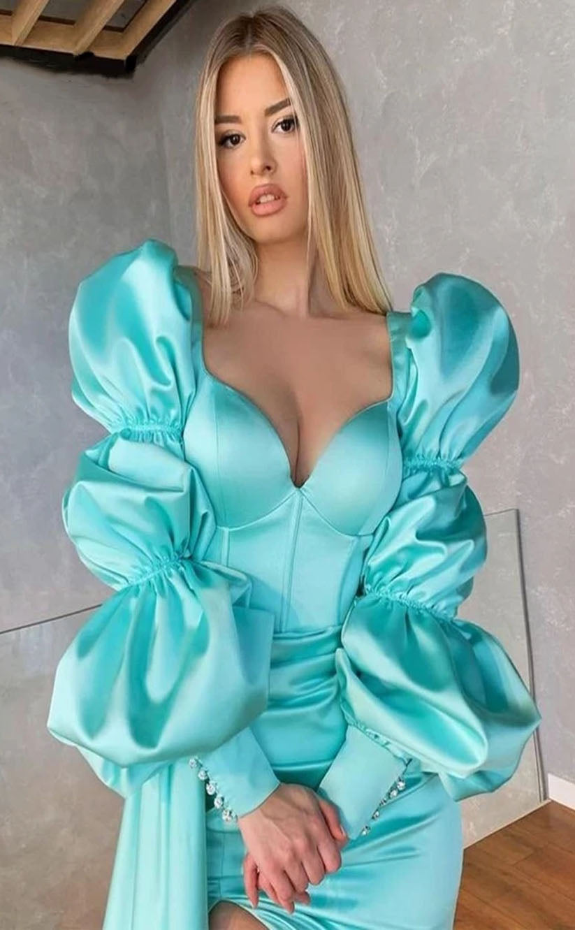 RP2116-Elegant Mint Mermaid Sweetheart Pleated Puffy Sleeves Satin Prom Evening Dresses Formal Party Gowns With Slit