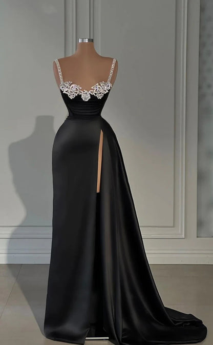 RP410-Charming Black Mermaid Spaghetti Sequins Beads Ruched Sleeveless Long Prom Evening Dresses Formal Party Gowns With Slit