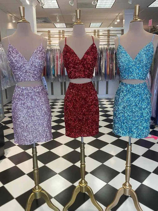 Sparkling Two Piece Spaghetti Sheath Pool Blue Burgundy Sequins Backless Short Homecoming Graduation Dress Cocktail Party Gowns  Custom