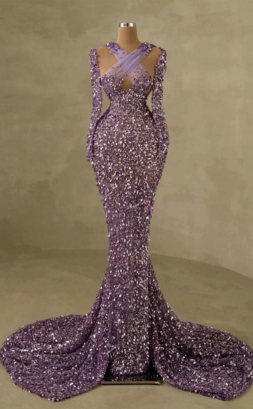 RP264-Purple Trumpet Halter Beads Crystals Sequins Long Sleeves Prom Evening Dresses Formal Party Gowns