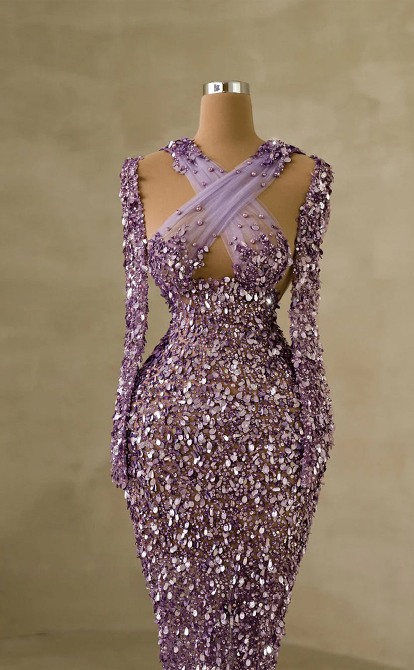 RP264-Purple Trumpet Halter Beads Crystals Sequins Long Sleeves Prom Evening Dresses Formal Party Gowns