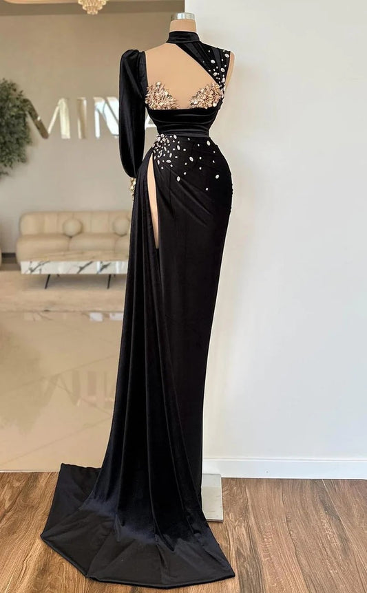 RP1339-Elegant Black Mermaid High Neck Crystals Beaded One Long Sleeve Velvet Prom Evening Dresses Formal Party Gowns With Slit