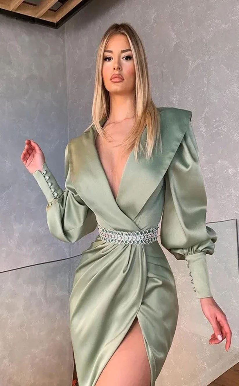 RP2107-Elegant Mint Mermaid V-Neck Pleated Long Sleeves Satin Prom Evening Dresses Formal Party Gowns With Slit