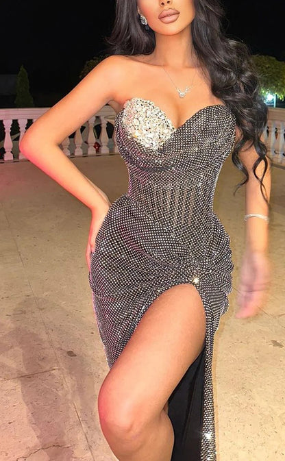 RP1332-Sparkling Black Mermaid Sweetheart Sequins Crystals Sleeveless Prom Evening Dresses Formal Party Gowns With Slit