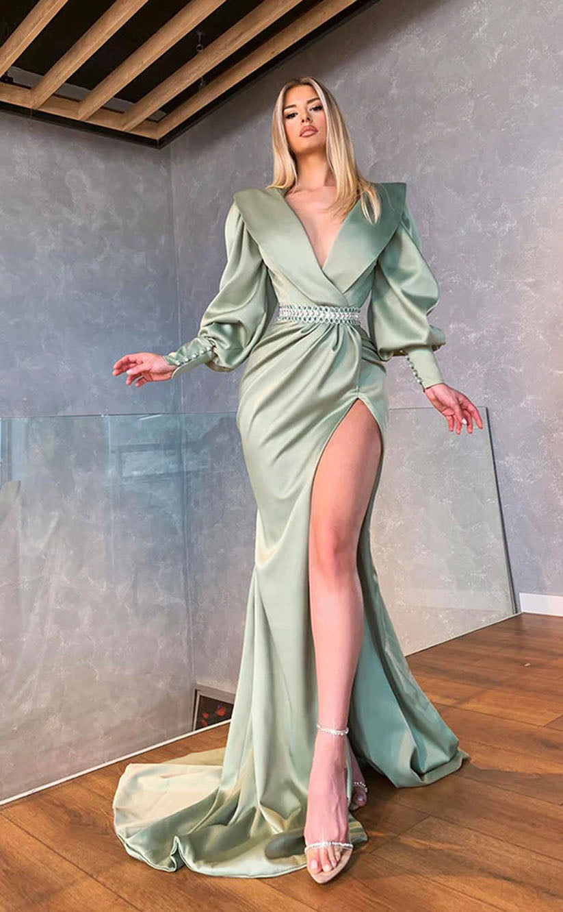 RP2107-Elegant Mint Mermaid V-Neck Pleated Long Sleeves Satin Prom Evening Dresses Formal Party Gowns With Slit