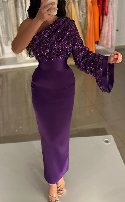 RP1334-Elegant Purple Mermaid One Shoulder Sequins One Long Sleeve Prom Evening Dresses Formal Party Gowns