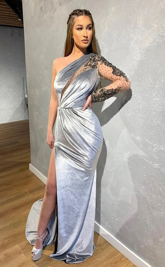 RP2106-Modern Grey Mermaid One Shoulder Beaded Appliqued Long Sleeve Velvet Prom Evening Dresses Formal Party Gowns With Slit