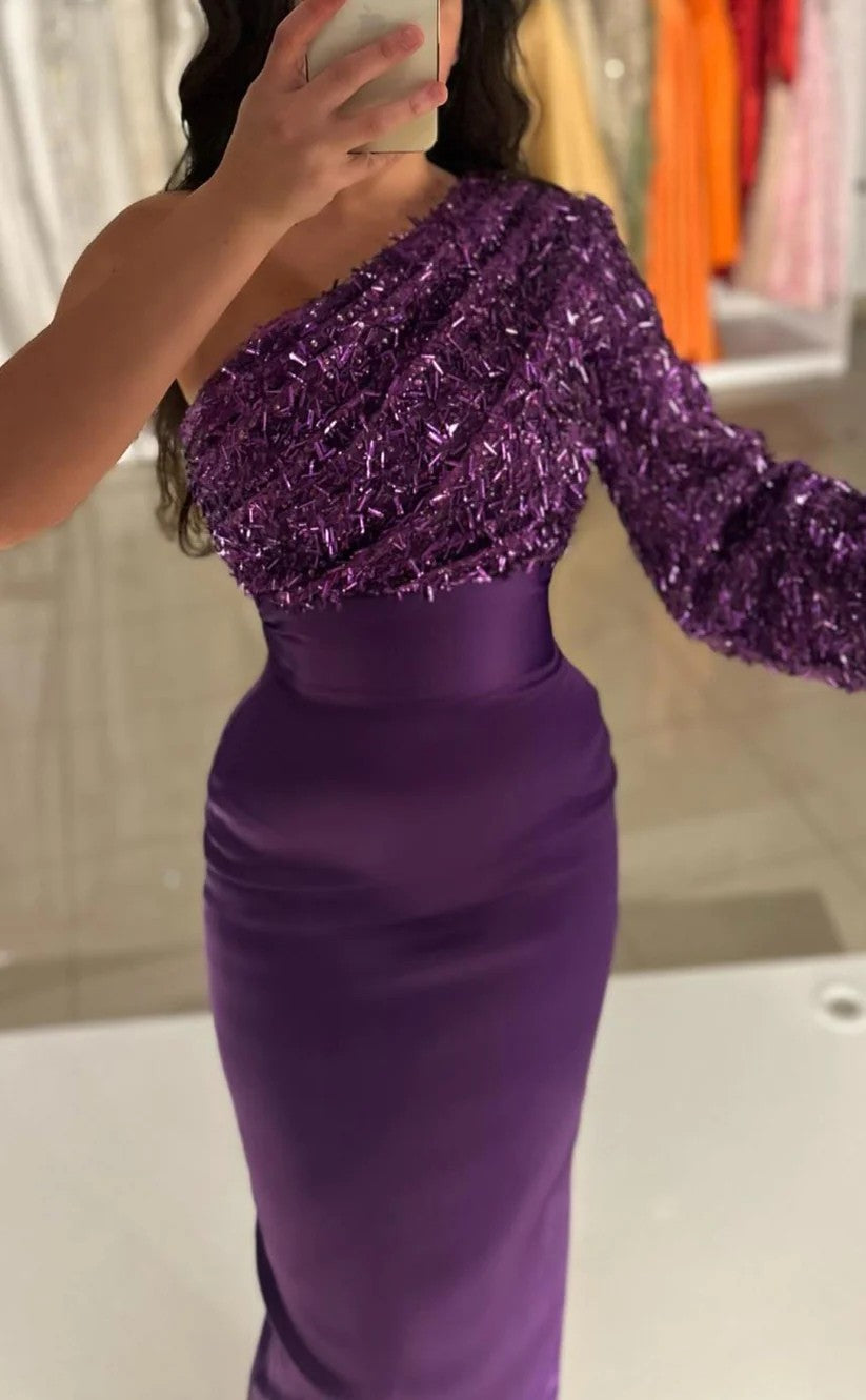 RP1334-Elegant Purple Mermaid One Shoulder Sequins One Long Sleeve Prom Evening Dresses Formal Party Gowns