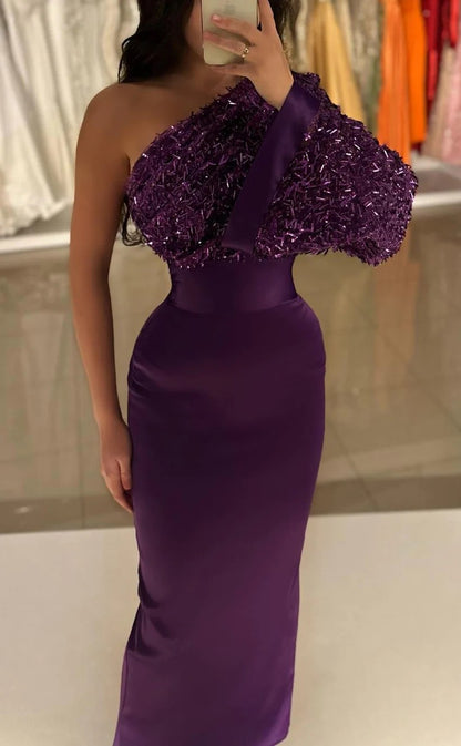 RP1334-Elegant Purple Mermaid One Shoulder Sequins One Long Sleeve Prom Evening Dresses Formal Party Gowns