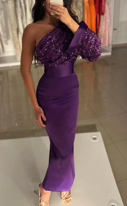 RP1334-Elegant Purple Mermaid One Shoulder Sequins One Long Sleeve Prom Evening Dresses Formal Party Gowns