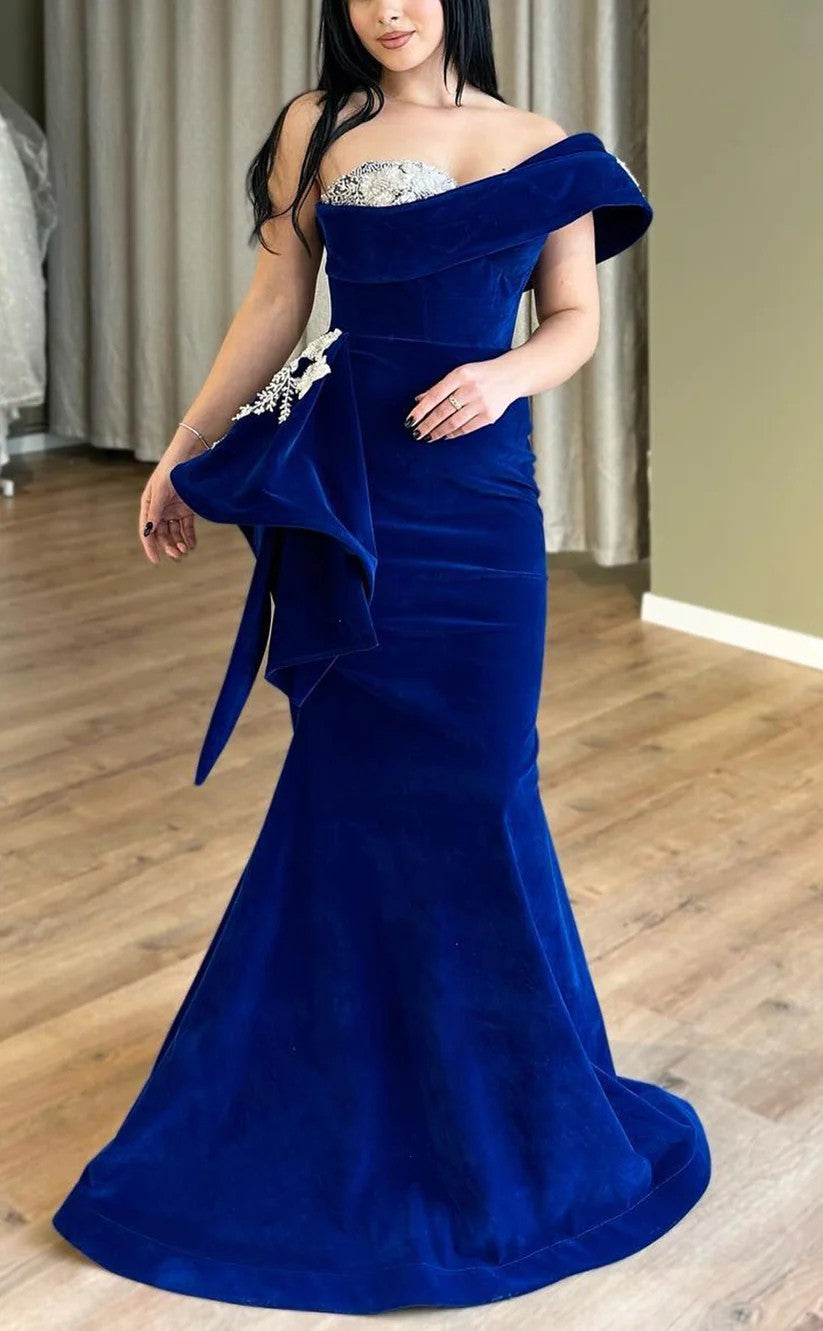 RP1334-Elegant Royal Blue Mermaid One Shoulder Appliqued Beaded Sleeveless Velvet Prom Evening Dresses Formal Party Gowns