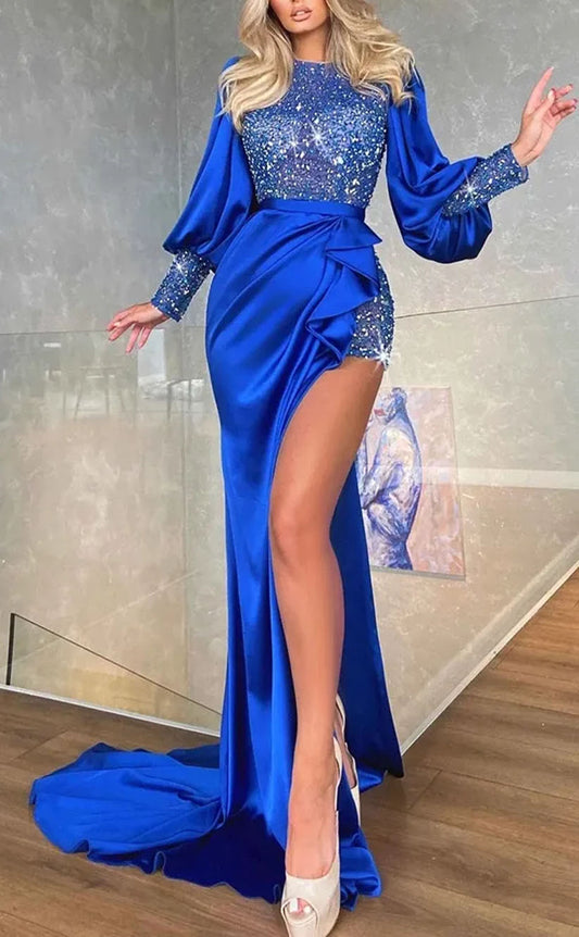 RP2104-Modern Royal Blue Mermaid High Neck Pleated Beaded Long Sleeves Satin Prom Evening Dresses Formal Party Gowns With Slit