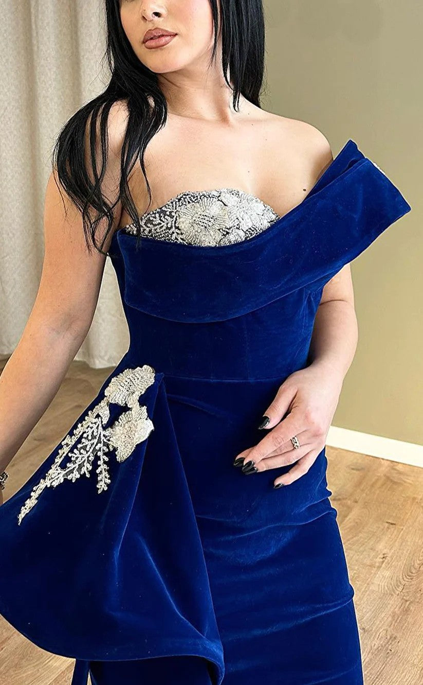 RP1334-Elegant Royal Blue Mermaid One Shoulder Appliqued Beaded Sleeveless Velvet Prom Evening Dresses Formal Party Gowns