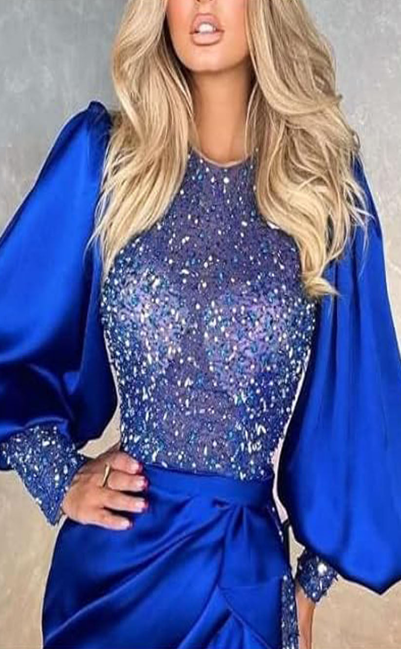 RP2104-Modern Royal Blue Mermaid High Neck Pleated Beaded Long Sleeves Satin Prom Evening Dresses Formal Party Gowns With Slit