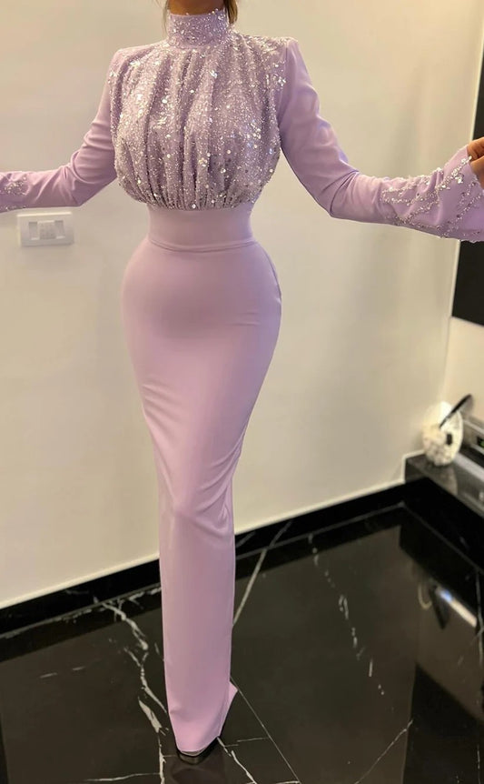 RP1336-Elegant Lavender Mermaid High Neck Sequins Bead Long Sleeves Prom Evening Dresses Formal Party Gowns