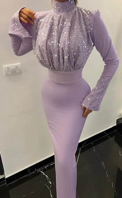 RP1336-Elegant Lavender Mermaid High Neck Sequins Bead Long Sleeves Prom Evening Dresses Formal Party Gowns