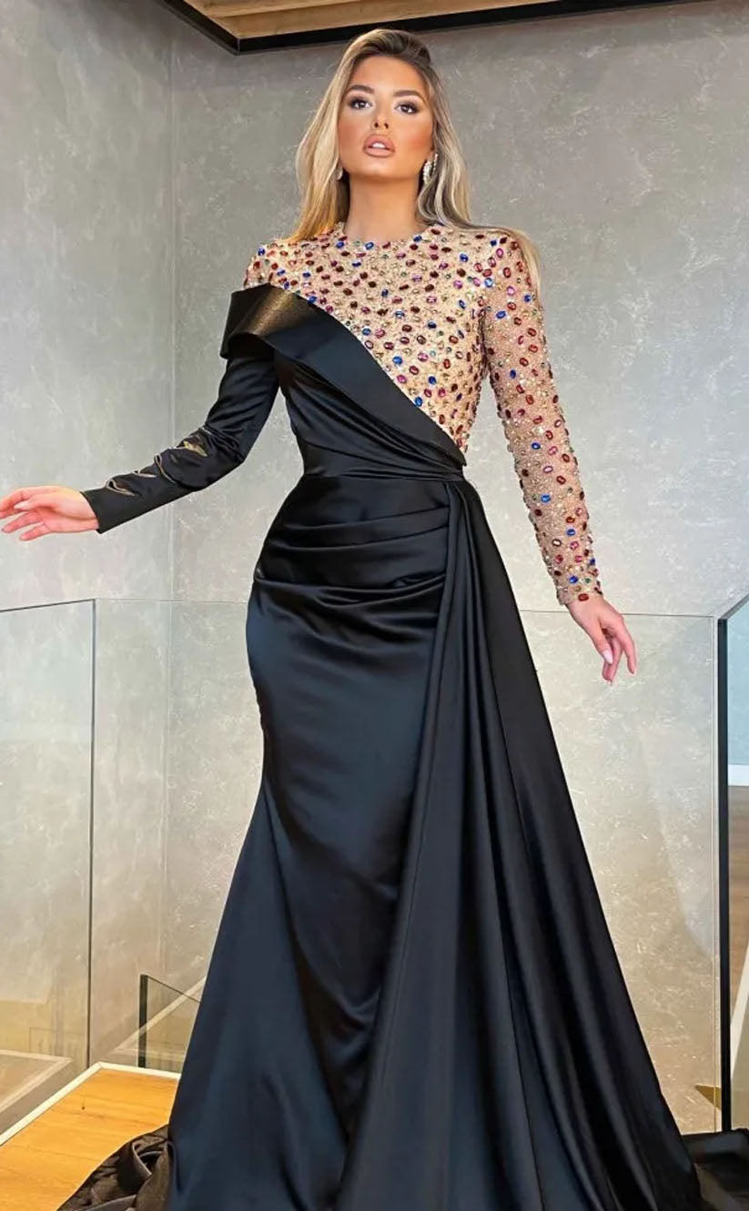 RP2102-Luxury Black Mermaid High Neck Beaded Crystals Long Sleeves Satin Prom Evening Dresses Formal Party Gowns With Slit