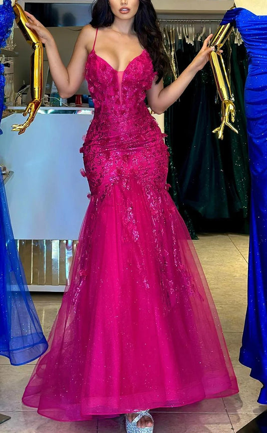 RP1305-Gorgeous Fuchsia Mermaid Spaghetti Appliqued Beaded Sleeveless Prom Evening Dresses Formal Party Gowns