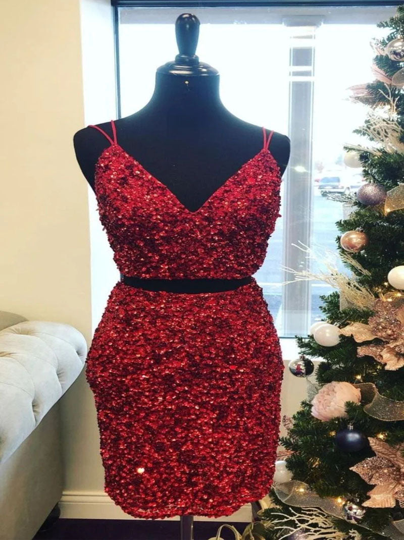 Sexy Two Pieces Sheath Spaghetti Backless Sequins Short Homecoming Graduation Special Occasions Party Prom Cocktail Gowns