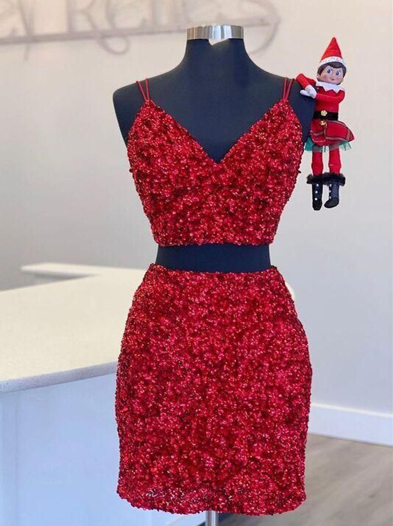 Sexy Two Pieces Sheath Spaghetti Backless Sequins Short Homecoming Graduation Special Occasions Party Prom Cocktail Gowns