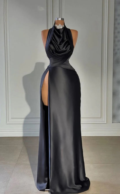 RP411-Elegant Black Mermaid High Neck Sequins Beads Ruched Sleeveless Long Prom Evening Dresses Formal Party Gowns With Slit