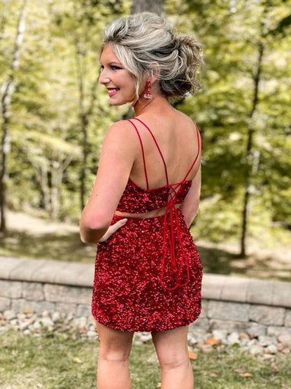 Sexy Two Pieces Sheath Spaghetti Backless Sequins Short Homecoming Graduation Special Occasions Party Prom Cocktail Gowns