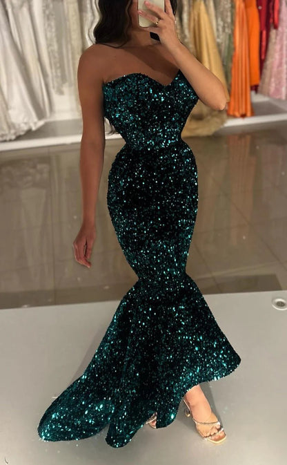 RP1337-Sparkling Green Mermaid Sweetheart Sequins Sleeveless Prom Evening Dresses Formal Party Gowns