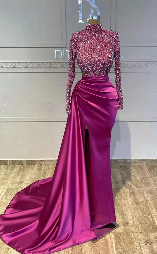 RP2068-uxury Mermaid High Neck Beaded Sequins Long Sleeves Satin Prom Evening Dresses Formal Party Gowns With Slit