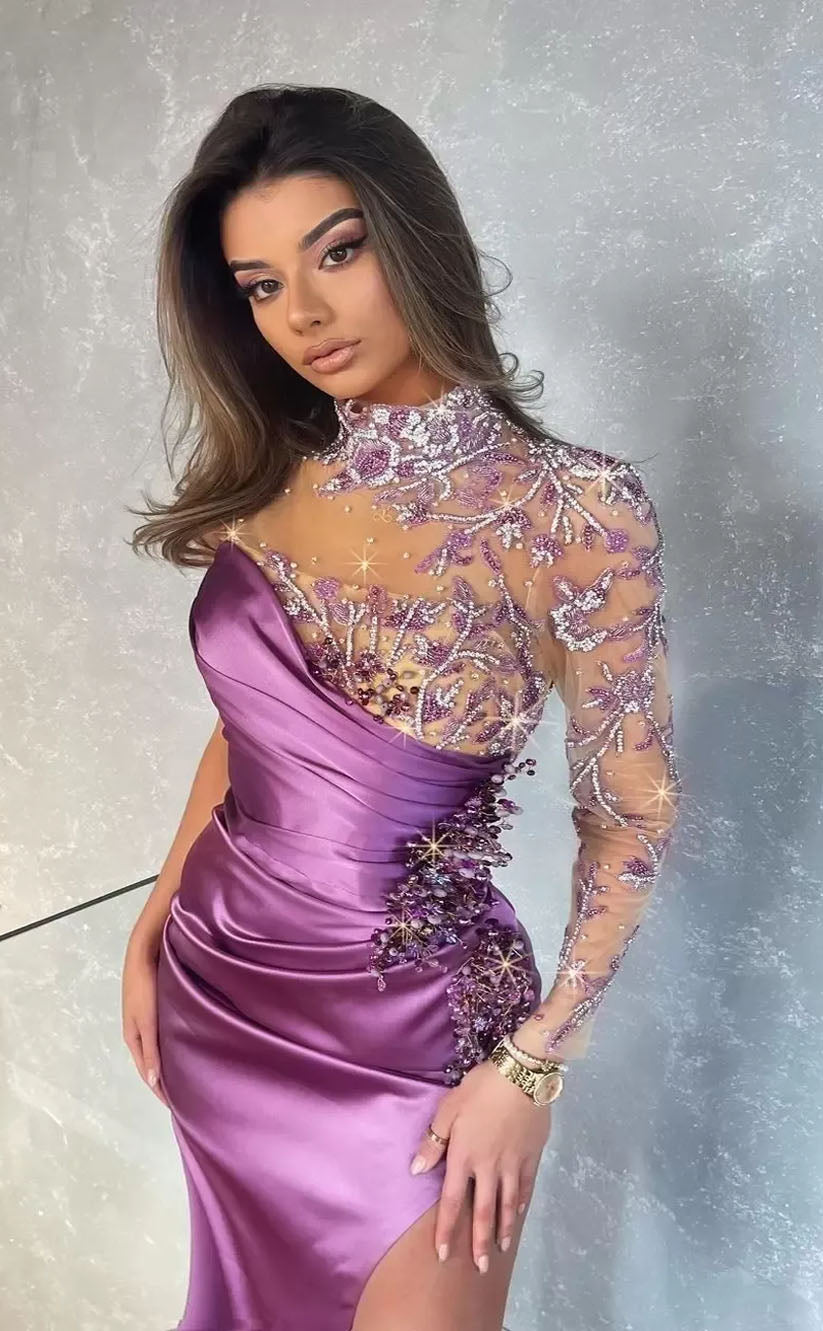 RP2060-Unique Lavender Mermaid High Neck Beaded Appliqued Long Sleeves Satin Prom Evening Dresses Formal Party Gowns With Slit