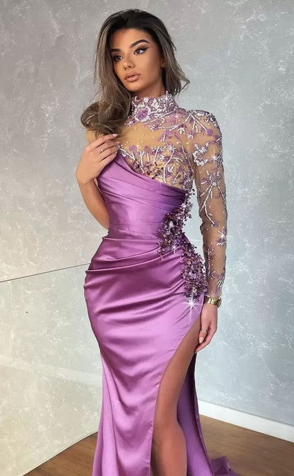 RP2060-Unique Lavender Mermaid High Neck Beaded Appliqued Long Sleeves Satin Prom Evening Dresses Formal Party Gowns With Slit