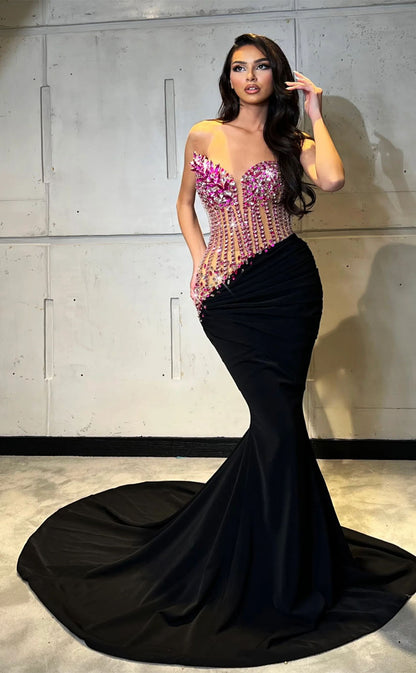 RP2062-Luxury Black Mermaid Sweetheart Crystals Sleeveless Satin Prom Evening Dresses Formal Party Gowns With Train